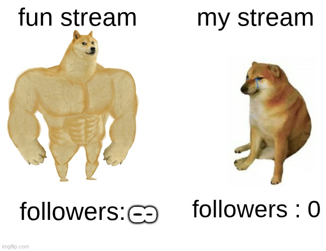 ug | fun stream; my stream; followers : 0; followers:; 8 | image tagged in memes,buff doge vs cheems | made w/ Imgflip meme maker