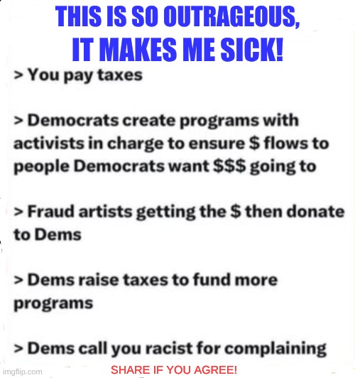 expression memes | THIS IS SO OUTRAGEOUS, IT MAKES ME SICK! SHARE IF YOU AGREE! | image tagged in fraud,taxes,politics | made w/ Imgflip meme maker