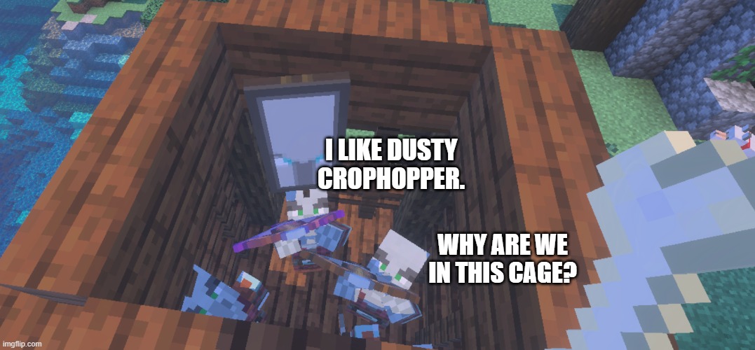 Two Illager Captains at Pillager Outpost | I LIKE DUSTY CROPHOPPER. WHY ARE WE IN THIS CAGE? | image tagged in two illager captains at pillager outpost | made w/ Imgflip meme maker