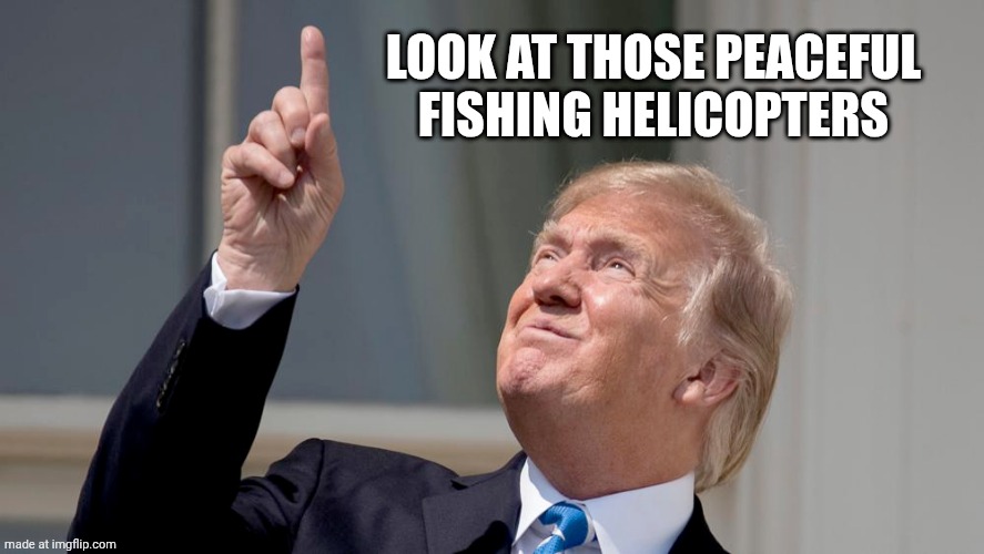 Trump Pointing Up | LOOK AT THOSE PEACEFUL FISHING HELICOPTERS | image tagged in trump pointing up | made w/ Imgflip meme maker