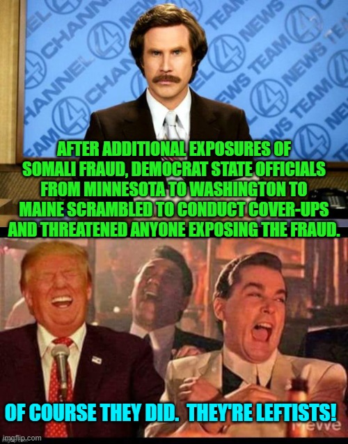 Not even Dem Party voters could possibly be shocked by this revelation, | AFTER ADDITIONAL EXPOSURES OF SOMALI FRAUD, DEMOCRAT STATE OFFICIALS FROM MINNESOTA TO WASHINGTON TO MAINE SCRAMBLED TO CONDUCT COVER-UPS AND THREATENED ANYONE EXPOSING THE FRAUD. OF COURSE THEY DID.  THEY'RE LEFTISTS! | image tagged in breaking news | made w/ Imgflip meme maker