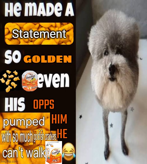Goldfish crackers | Statement; GOLDEN; OPPSㅤ
HIM
HE | image tagged in he made a statement so trash,goldfish crackers | made w/ Imgflip meme maker