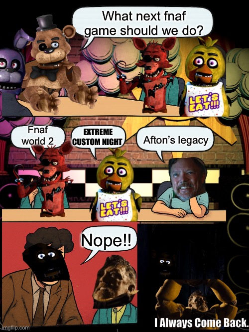 Next fnaf games | What next fnaf game should we do? Fnaf world 2; Afton’s legacy; EXTREME CUSTOM NIGHT; Nope!! | image tagged in fnaf boardroom | made w/ Imgflip meme maker