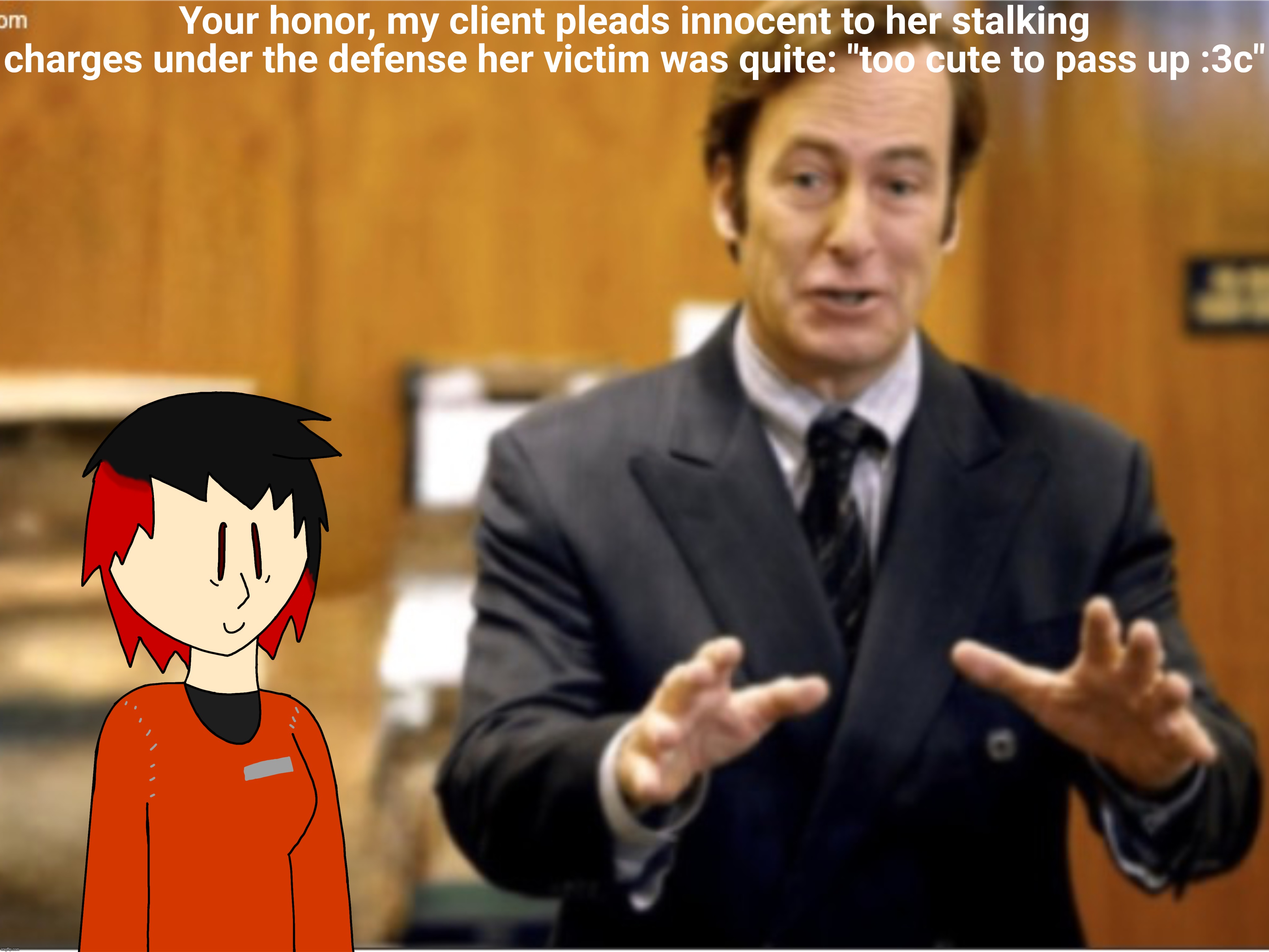 Hey I'm actually posting here again | Your honor, my client pleads innocent to her stalking charges under the defense her victim was quite: "too cute to pass up :3c" | made w/ Imgflip meme maker
