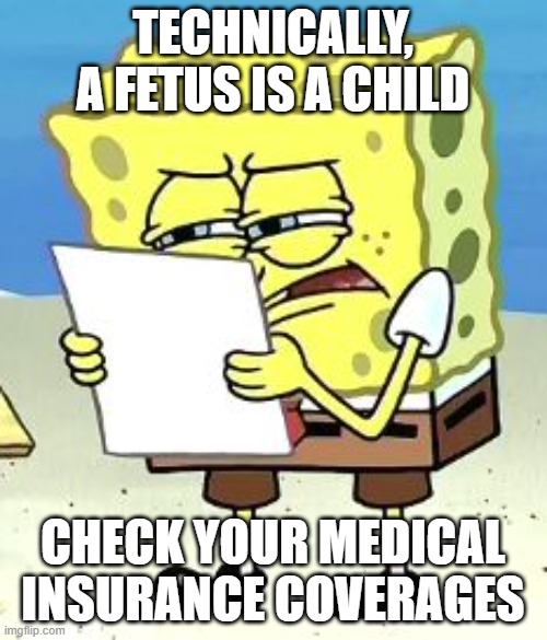 Spongebob Fine Print | TECHNICALLY, A FETUS IS A CHILD CHECK YOUR MEDICAL INSURANCE COVERAGES | image tagged in spongebob fine print | made w/ Imgflip meme maker