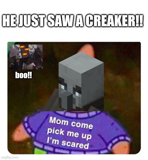 the bravest illagers crys like a STUPID BABY when he seens creak. THE CREAKY is gonna KILL US. cowards illagers creakiager | HE JUST SAW A CREAKER!! boo!! | image tagged in patrick mom come pick me up i'm scared | made w/ Imgflip meme maker