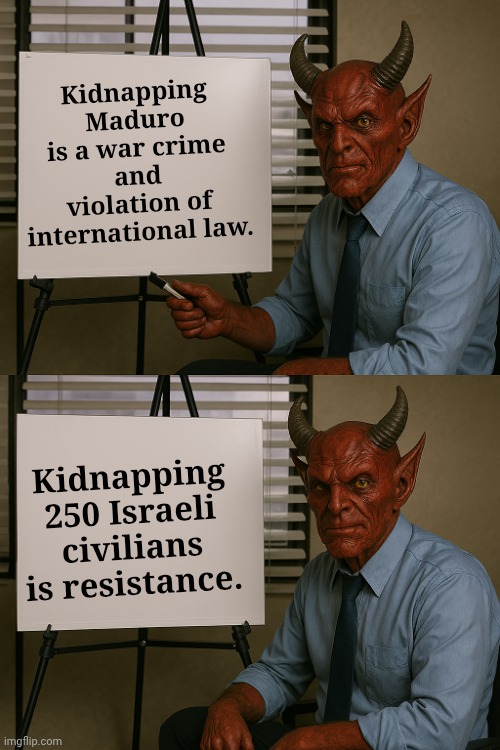Satan Explains | Kidnapping Maduro is a war crime and violation of international law. Kidnapping 250 Israeli civilians is resistance. | image tagged in satan explains,liberal logic,liberal hypocrisy,liberals | made w/ Imgflip meme maker