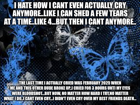 sam's butterfly wallpaper | I HATE HOW I CANT EVEN ACTUALLY CRY ANYMORE..LIKE I CAN SHED A FEW TEARS AT A TIME..LIKE 4...BUT THEN I CANT ANYMORE.. THE LAST TIME I ACTUALLY CRIED WAS FEBRUARY 2025 WHEN ME AND THIS OTHER DUDE BROKE UP..I CRIED FOR 3 HOURS UNTI MY EYES WERE BLOODSHOT...BUT NOW, NO MATTER HOW HARD I TRY,NO MATTER WHAT I DO..I CANT EVEN CRY...I DIDN'T EVEN CRY OVER MY BEST FRIENDS DEATH... | image tagged in sam's butterfly wallpaper | made w/ Imgflip meme maker