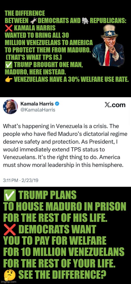Democrats want you to pay for welfare for 10 million Venezuelans for the rest of your life | THE DIFFERENCE BETWEEN 🫏DEMOCRATS AND 🐘REPUBLICANS:
❌️ KAMALA HARRIS WANTED TO BRING ALL 30 MILLION VENEZUELANS TO AMERICA TO PROTECT THEM FROM MADURO.  (THAT'S WHAT TPS IS.)
✅️ TRUMP BROUGHT ONE MAN, MADURO, HERE INSTEAD.
👉 VENEZUELANS HAVE A 30% WELFARE USE RATE. ✅️ TRUMP PLANS TO HOUSE MADURO IN PRISON FOR THE REST OF HIS LIFE. 
❌️ DEMOCRATS WANT YOU TO PAY FOR WELFARE FOR 10 MILLION VENEZUELANS FOR THE REST OF YOUR LIFE.
🤔 SEE THE DIFFERENCE? | image tagged in venezuela,kamala harris,trump,welfare,nicolas maduro,national security | made w/ Imgflip meme maker
