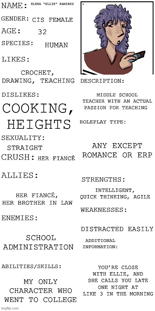Wawa basic rules apply | ELENA “ELLIE” RAMIREZ; CIS FEMALE; 32; HUMAN; CROCHET, DRAWING, TEACHING; MIDDLE SCHOOL TEACHER WITH AN ACTUAL PASSION FOR TEACHING; COOKING, HEIGHTS; ANY EXCEPT ROMANCE OR ERP; STRAIGHT; HER FIANCÉ; INTELLIGENT, QUICK THINKING, AGILE; HER FIANCÉ, HER BROTHER IN LAW; DISTRACTED EASILY; SCHOOL ADMINISTRATION; YOU’RE CLOSE WITH ELLIE, AND SHE CALLS YOU LATE ONE NIGHT AT LIKE 3 IN THE MORNING; MY ONLY CHARACTER WHO WENT TO COLLEGE | image tagged in updated roleplay oc showcase | made w/ Imgflip meme maker