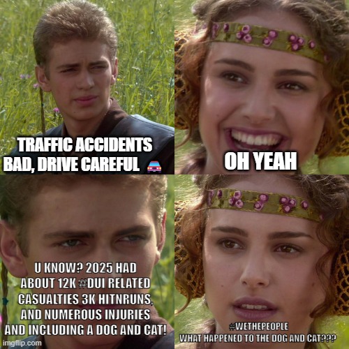 traffic safety #WeThePeople? ? | TRAFFIC ACCIDENTS BAD, DRIVE CAREFUL 🚘; OH YEAH; U KNOW? 2025 HAD ABOUT 12K #DUI RELATED CASUALTIES 3K HITNRUNS, AND NUMEROUS INJURIES AND INCLUDING A DOG AND CAT! #WETHEPEOPLE
WHAT HAPPENED TO THE DOG AND CAT??? | image tagged in anakin padme 4 panel | made w/ Imgflip meme maker
