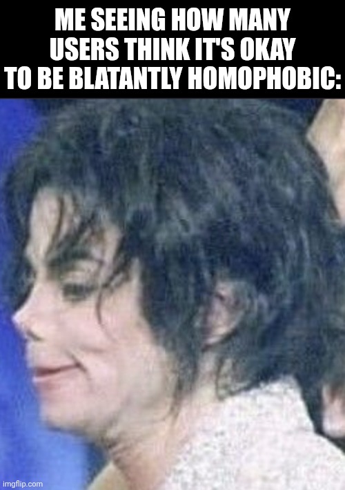 Like isn't one of our rules to "be respectful"? | ME SEEING HOW MANY USERS THINK IT'S OKAY TO BE BLATANTLY HOMOPHOBIC: | image tagged in disgusted mj,how do the mods allow this,lazy imgflip mods | made w/ Imgflip meme maker