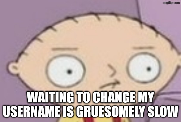 trauma | WAITING TO CHANGE MY USERNAME IS GRUESOMELY SLOW | image tagged in trauma | made w/ Imgflip meme maker