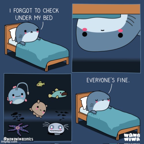 image tagged in shark,bed,check,sea creatures,everyone,fine | made w/ Imgflip meme maker