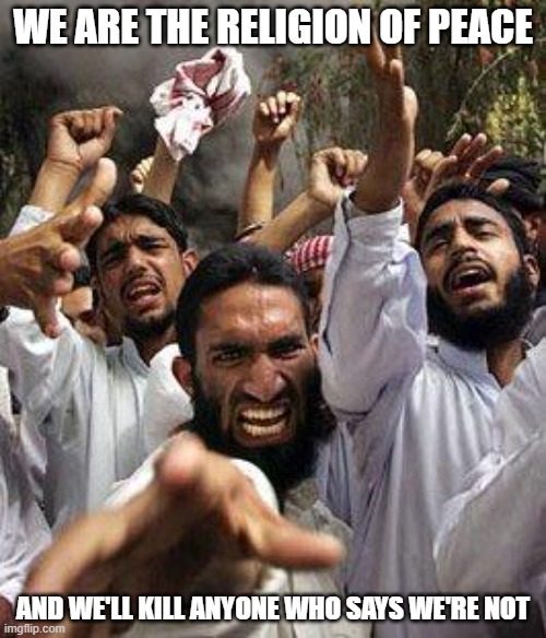 angry muslim | WE ARE THE RELIGION OF PEACE; AND WE'LL KILL ANYONE WHO SAYS WE'RE NOT | image tagged in angry muslim | made w/ Imgflip meme maker