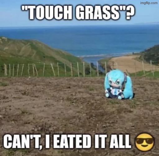 “Touch grass”? Can’t, i eated it all | image tagged in touch grass can t i eated it all | made w/ Imgflip meme maker