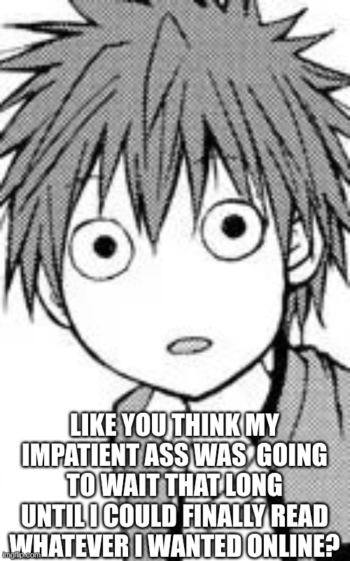 surprise | LIKE YOU THINK MY IMPATIENT ASS WAS  GOING TO WAIT THAT LONG UNTIL I COULD FINALLY READ WHATEVER I WANTED ONLINE? | image tagged in surprise | made w/ Imgflip meme maker