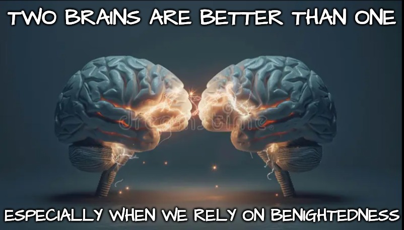 TWO BRAINS ARE BETTER THAN ONE ESPECIALLY WHEN WE RELY ON BENIGHTEDNESS | made w/ Imgflip meme maker