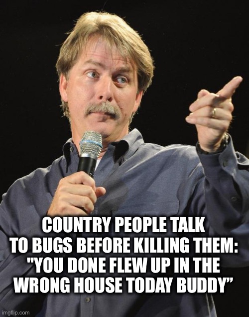 Get on out of here | COUNTRY PEOPLE TALK TO BUGS BEFORE KILLING THEM:
"YOU DONE FLEW UP IN THE
WRONG HOUSE TODAY BUDDY” | image tagged in jeff foxworthy,southern,redneck,south,country | made w/ Imgflip meme maker