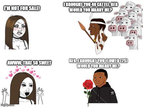 Bride Price | I'M NOT FOR SALE! I BROUGHT YOU 40 CATTLE, BEB
WOULD YOU MARRY ME? BEB, I BROUGHT YOU FLOWER (2$)
WOULD YOU MARRY ME? AWWW, THAT SO SWEET | image tagged in bride,africa,marriage | made w/ Imgflip meme maker