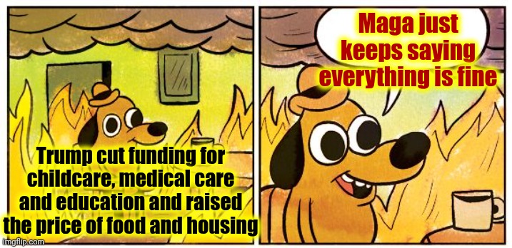 Talk About Delusional | Maga just keeps saying everything is fine; Trump cut funding for childcare, medical care and education and raised the price of food and housing | image tagged in memes,this is fine,maga,trump unfit unqualified dangerous,impeach trump,lock him up | made w/ Imgflip meme maker