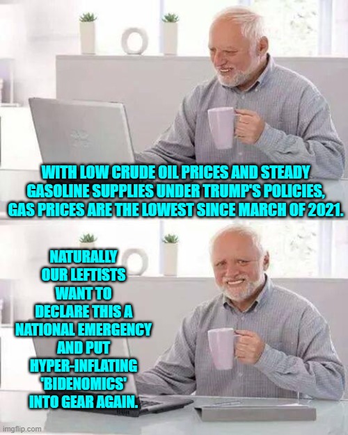 One of the things that enrage leftists is lowering prices on necessities. | NATURALLY OUR LEFTISTS WANT TO DECLARE THIS A NATIONAL EMERGENCY AND PUT HYPER-INFLATING 'BIDENOMICS' INTO GEAR AGAIN. WITH LOW CRUDE OIL PRICES AND STEADY GASOLINE SUPPLIES UNDER TRUMP'S POLICIES, GAS PRICES ARE THE LOWEST SINCE MARCH OF 2021. | image tagged in hide the pain harold | made w/ Imgflip meme maker