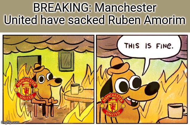 Amorim got SACKED in the morning O_O | BREAKING: Manchester United have sacked Ruben Amorim | image tagged in memes,this is fine,manchester united,ruben amorim,sacked,premier league | made w/ Imgflip meme maker