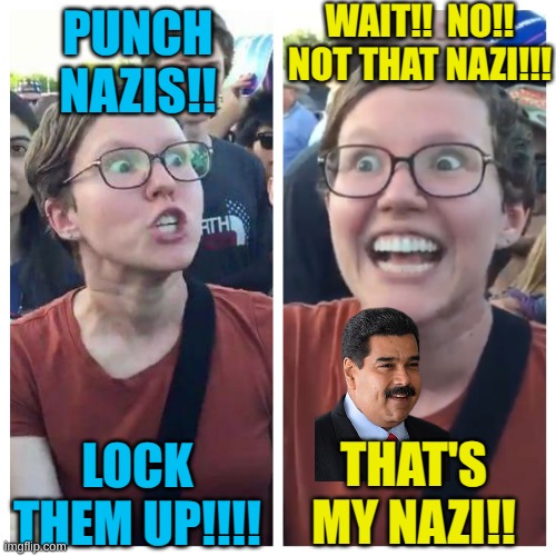 Everyone suddenly loves the dictators? | WAIT!!  NO!! NOT THAT NAZI!!! PUNCH NAZIS!! THAT'S MY NAZI!! LOCK THEM UP!!!! | image tagged in social justice warrior hypocrisy | made w/ Imgflip meme maker