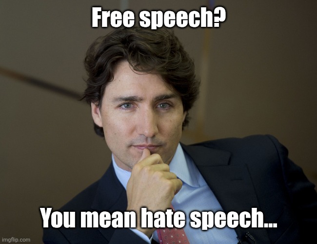 Justin Trudeau readiness | Free speech? You mean hate speech... | image tagged in justin trudeau readiness | made w/ Imgflip meme maker