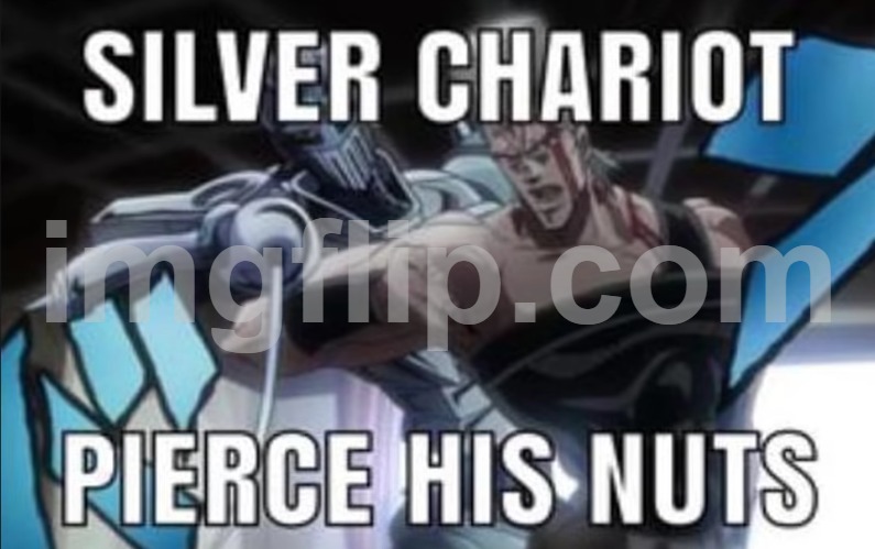 SILVER CHARIOT PIERCE HIS NUTS | image tagged in silver chariot pierce his nuts | made w/ Imgflip meme maker