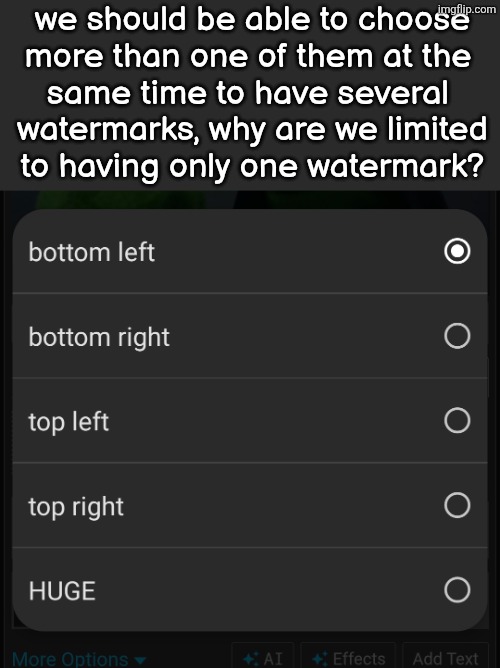we should be able to choose
more than one of them at the 
same time to have several 
watermarks, why are we limited
to having only one watermark? | made w/ Imgflip meme maker