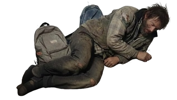 Hobo with two backpacks on floor Blank Meme Template