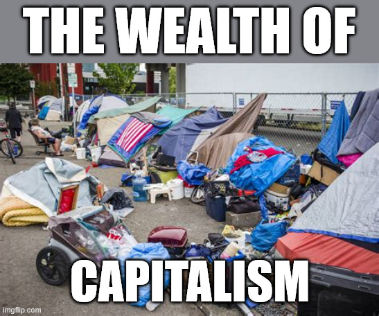 THE WEALTH OF CAPITALISM | image tagged in homeless camp | made w/ Imgflip meme maker