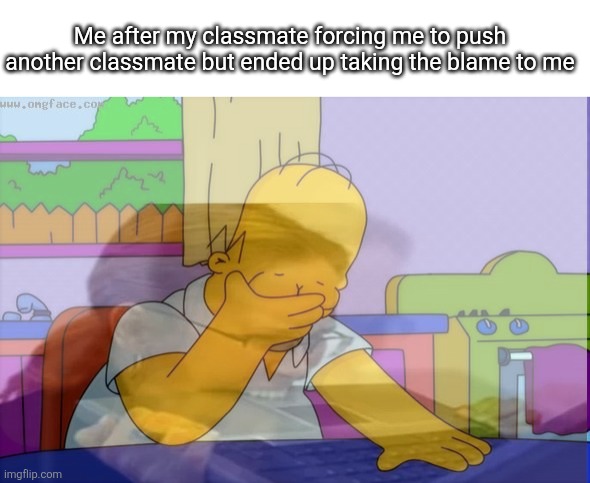 I hate school veo | Me after my classmate forcing me to push another classmate but ended up taking the blame to me | image tagged in homer simpson facepalm | made w/ Imgflip meme maker