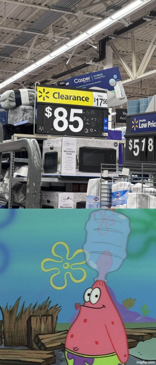 "Clearance" | image tagged in patrick head stuck in bottle dumb,clearance,you had one job,memes,walmart,oven | made w/ Imgflip meme maker