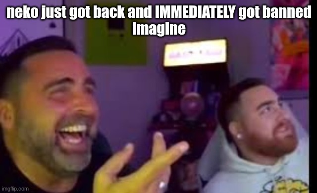 Los laughing (made by Bigjim998 copyright reserved) | neko just got back and IMMEDIATELY got banned
imagine | image tagged in los laughing made by bigjim998 copyright reserved | made w/ Imgflip meme maker