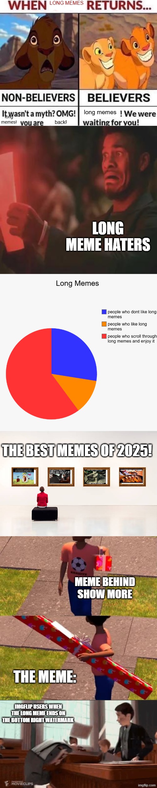 This is so true ?????? | LONG MEMES; long memes; long memes! back! LONG MEME HATERS; THE BEST MEMES OF 2025! MEME BEHIND SHOW MORE; THE MEME:; IMGFLIP USERS WHEN THE LONG MEME ENDS ON THE BOTTOM RIGHT WATERMARK | image tagged in when returns,scared,toy story present | made w/ Imgflip meme maker