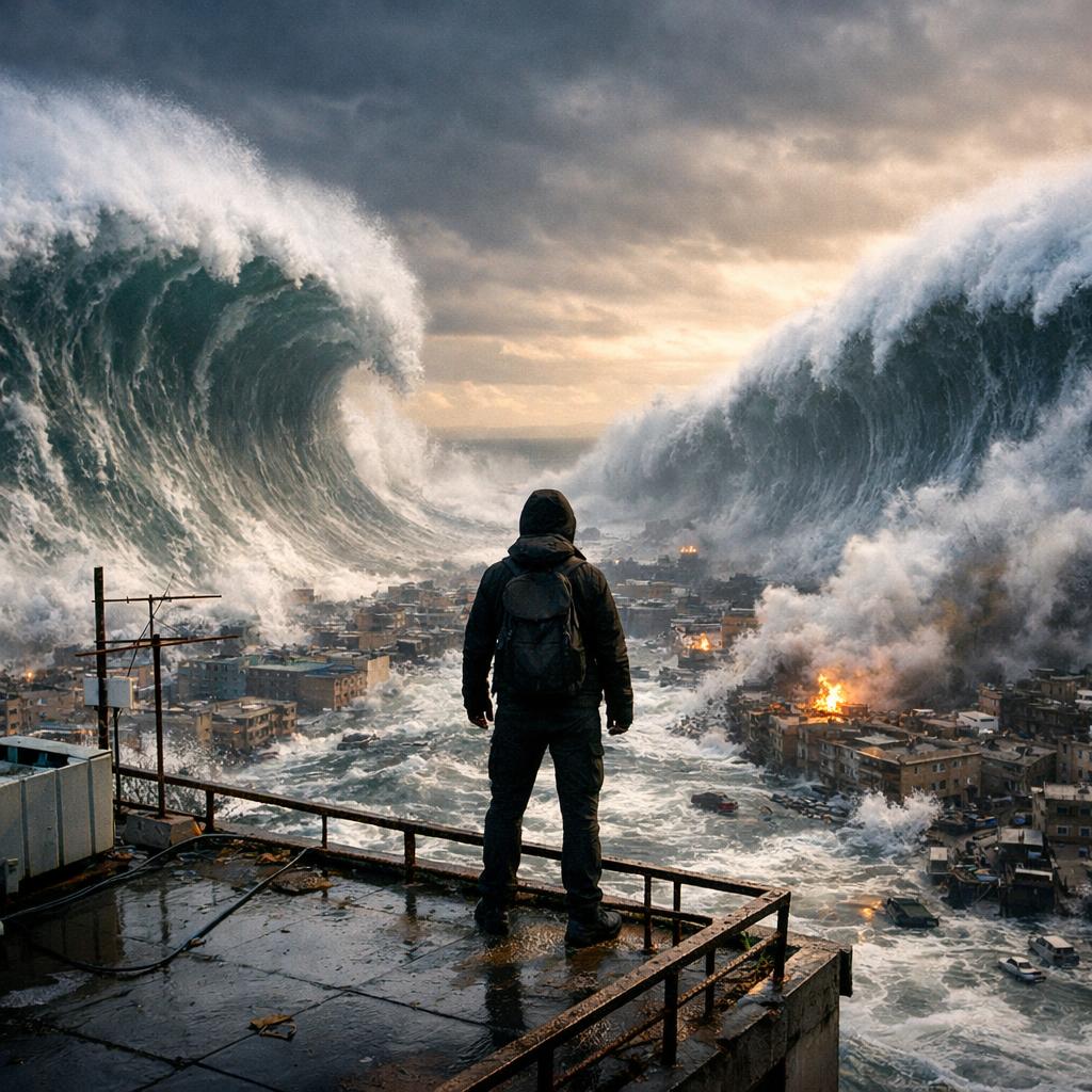 Double tsunami person on rooftop Blank Meme Template