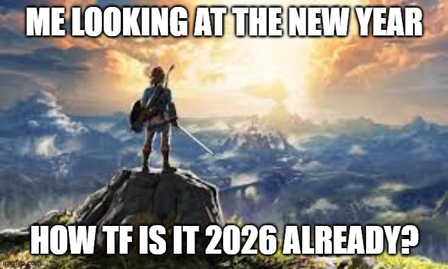 happy... wait its the new year? | ME LOOKING AT THE NEW YEAR; HOW TF IS IT 2026 ALREADY? | image tagged in link,2026,happy new year | made w/ Imgflip meme maker
