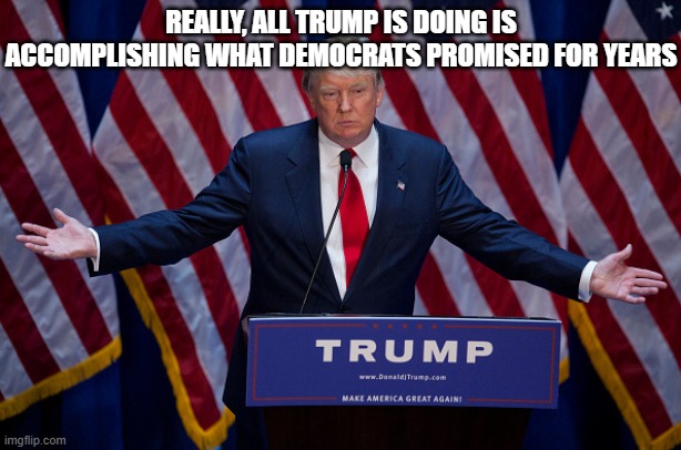 Donald Trump | REALLY, ALL TRUMP IS DOING IS ACCOMPLISHING WHAT DEMOCRATS PROMISED FOR YEARS | image tagged in donald trump | made w/ Imgflip meme maker