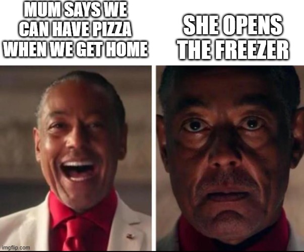 MUM SAYS WE CAN HAVE PIZZA WHEN WE GET HOME; SHE OPENS THE FREEZER | image tagged in funny memes | made w/ Imgflip meme maker