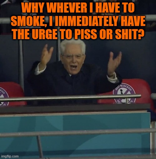 Mattarella Shouts | WHY WHEVER I HAVE TO SMOKE, I IMMEDIATELY HAVE THE URGE TO PISS OR SHIT? | image tagged in mattarella shouts | made w/ Imgflip meme maker