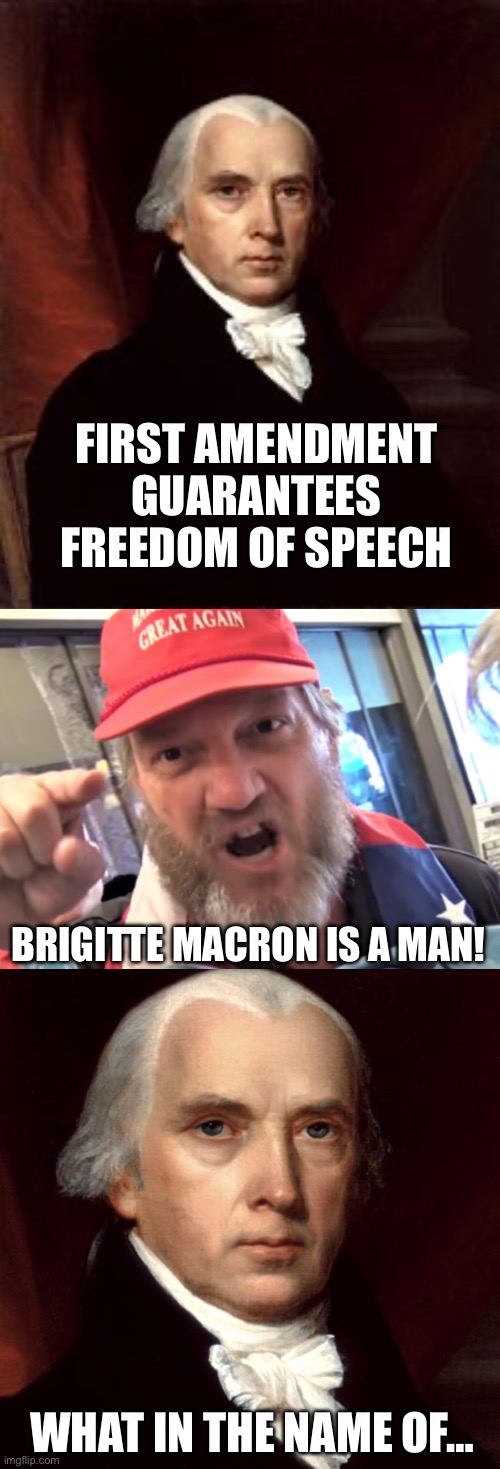 Use your freedoms wisely | FIRST AMENDMENT GUARANTEES FREEDOM OF SPEECH; BRIGITTE MACRON IS A MAN! WHAT IN THE NAME OF… | image tagged in james madison,angry trumper maga white supremacist,memes | made w/ Imgflip meme maker