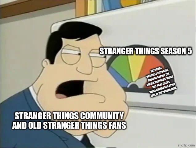 I hate season 5 of stranger things, 3 years of development hell and now, THIS??? | STRANGER THINGS SEASON 5; ABYSSMAL DOGSHITE WITH AIDS CULTURE RAPING THE DUFFER BROTHERS' WORK DUE TO NETFLIX'S WOKE GREEDY ASS BEING FULL OF DEI PROPAGANDA; STRANGER THINGS COMMUNITY AND OLD STRANGER THINGS FANS | image tagged in you aight,stranger things,season 5 is a failure | made w/ Imgflip meme maker