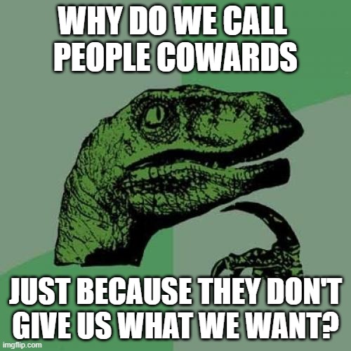 Philosoraptor on cowards | WHY DO WE CALL 
PEOPLE COWARDS; JUST BECAUSE THEY DON'T
GIVE US WHAT WE WANT? | image tagged in memes,philosoraptor,courage,cowardice,strength,weakness | made w/ Imgflip meme maker