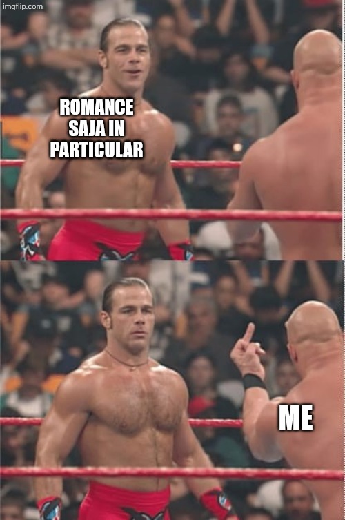 Wrestler showing middle finger | ROMANCE SAJA IN PARTICULAR ME | image tagged in wrestler showing middle finger | made w/ Imgflip meme maker