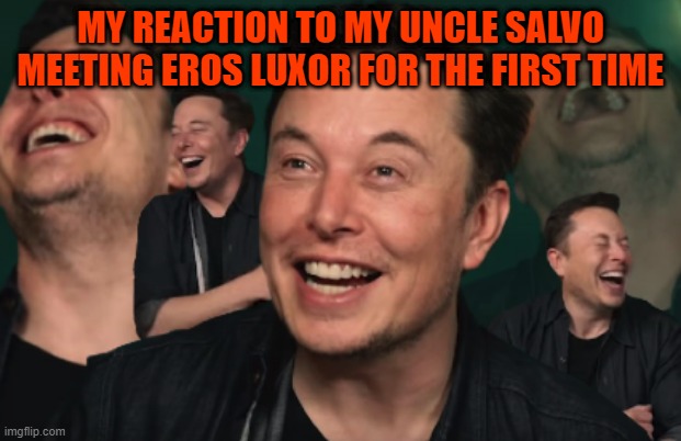 it actually happened, they met! | MY REACTION TO MY UNCLE SALVO MEETING EROS LUXOR FOR THE FIRST TIME | image tagged in elon musk laughing | made w/ Imgflip meme maker
