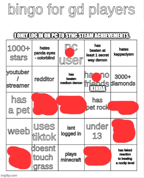 Sorry Flick7. (At the end of the day, do political beliefs even matter? I don't think so.) | I ONLY LOG IN ON PC TO SYNC STEAM ACHIEVEMENTS. KINDA | image tagged in gd bingo | made w/ Imgflip meme maker