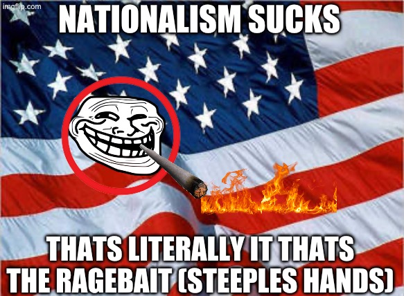 Ragebait in 2026 | NATIONALISM SUCKS; THATS LITERALLY IT THATS THE RAGEBAIT (STEEPLES HANDS) | image tagged in memes,usa flag,nationalism sucks | made w/ Imgflip meme maker