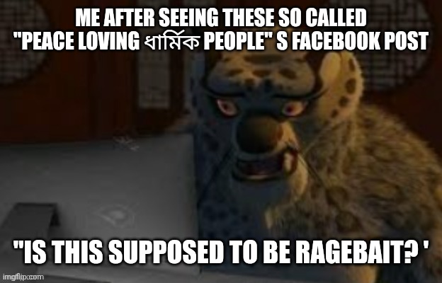 What? | ME AFTER SEEING THESE SO CALLED
"PEACE LOVING ধার্মিক PEOPLE" S FACEBOOK POST; "IS THIS SUPPOSED TO BE RAGEBAIT? ' | image tagged in tai lung at the computer | made w/ Imgflip meme maker